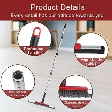 Floor Squeegee Scrubber Shower Squeegee with Grout Brush.14 Squeegee Broom and 55" Stainless Steel Handle for Floor,Glass,Garage,Window,Shower Floor,Bathroom,Kitchen, Wall,Tile (RED)