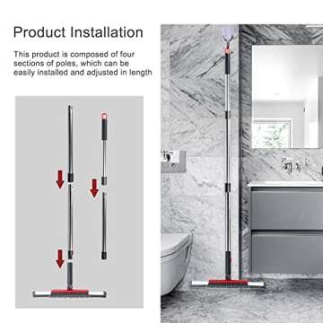 Floor Squeegee Scrubber Shower Squeegee with Grout Brush.14 Squeegee Broom and 55" Stainless Steel Handle for Floor,Glass,Garage,Window,Shower Floor,Bathroom,Kitchen, Wall,Tile (RED)