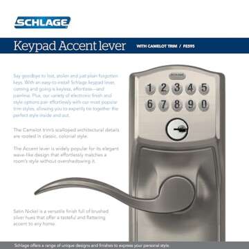 SCHLAGE FE595 CAM 626 ACC Camelot Keypad Entry with Flex-Lock and Accent Levers, Brushed Chrome
