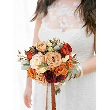 Rinlong Rustic Burnt Orange Wedding Bouquet for Bride Bridal Bridesmaid Bridal Bouquet Proposal Prom...