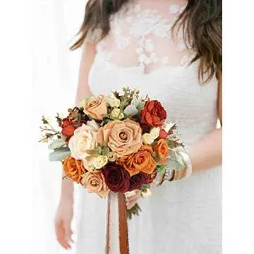 Rinlong Rustic Burnt Orange Wedding Bouquet for Bride Bridal Bridesmaid Bridal Bouquet Proposal Prom...