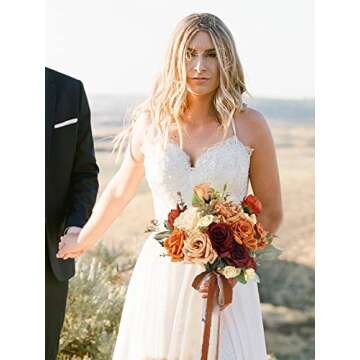 Rinlong Rustic Burnt Orange Wedding Bouquet for Bride Bridal Bridesmaid Bridal Bouquet Proposal Prom Artificial Flowers Bouquet Wedding