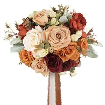 Rinlong Rustic Burnt Orange Wedding Bouquet for Bride Bridal Bridesmaid Bridal Bouquet Proposal Prom Artificial Flowers Bouquet Wedding