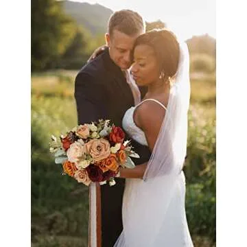 Rinlong Rustic Burnt Orange Wedding Bouquet for Bride Bridal Bridesmaid Bridal Bouquet Proposal Prom Artificial Flowers Bouquet Wedding