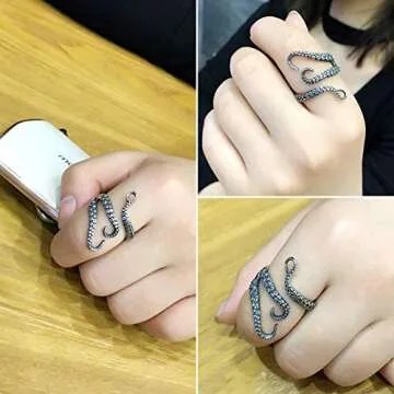 COONLINE Vintage Stainless Steel Octopus Ring Retro Gothic Punk Style Sea Monster Squid Rings for Women Men Titanium Adjustable Polished Tentacles Jewelry Silver Black with Velvet Bag