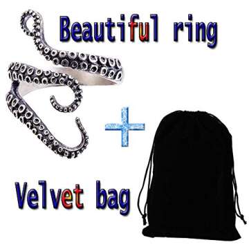COONLINE Vintage Stainless Steel Octopus Ring Retro Gothic Punk Style Sea Monster Squid Rings for Women Men Titanium Adjustable Polished Tentacles Jewelry Silver Black with Velvet Bag