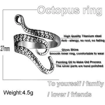 COONLINE Vintage Stainless Steel Octopus Ring Retro Gothic Punk Style Sea Monster Squid Rings for Women Men Titanium Adjustable Polished Tentacles Jewelry Silver Black with Velvet Bag