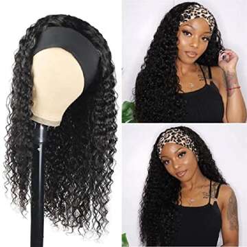 Eooma Glueless Wigs Human Hair Curly Headband Wig for Black Women (20 inch) Brazilian Remy Hair Curly None Lace Front Wigs Human Hair Scarf No Gel Wigs