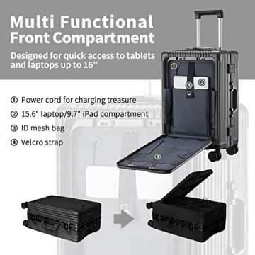 CAARANY Versatile Aluminum Frame Carry-On Luggage with USB Charging Port, Front Compartment, TSA Loc...