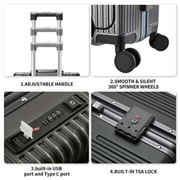 CAARANY Versatile Aluminum Frame Carry-On Luggage with USB Charging Port, Front Compartment, TSA Lock, Airline Approved Carry On Hardside Suitcase with Spinner Wheels (Grey, 20inch)