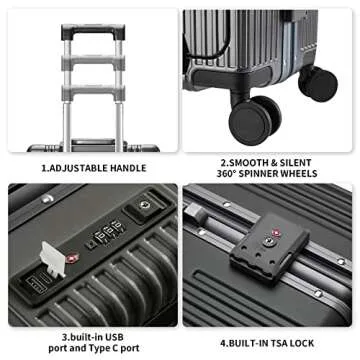 CAARANY Versatile Aluminum Frame Carry-On Luggage with USB Charging Port, Front Compartment, TSA Lock, Airline Approved Carry On Hardside Suitcase with Spinner Wheels (Grey, 20inch)