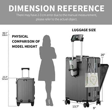 CAARANY Versatile Aluminum Frame Carry-On Luggage with USB Charging Port, Front Compartment, TSA Lock, Airline Approved Carry On Hardside Suitcase with Spinner Wheels (Grey, 20inch)