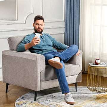 CDCASA Accent Chair, Linen Fabric Oversized Mid Century Modern Chair Set of 1, Comfy Upholstered Armchair Reading Accent Chairs Sofa Chairs for Bedroom Living Room, Light Brown