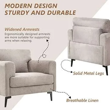 CDCASA Accent Chair, Linen Fabric Oversized Mid Century Modern Chair Set of 1, Comfy Upholstered Armchair Reading Accent Chairs Sofa Chairs for Bedroom Living Room, Light Brown