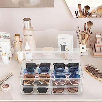 BOPai Acrylic Sunglasses Organizer with Lid, Stackable Glasses Storage Organizer - 2 Pack