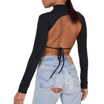 Remidoo Women's Sexy Backless Mock Neck Long Sleeve Crop Top T-Shirt Solid Black Medium