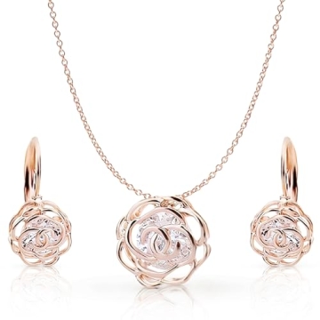 Crystalline Azuria Women 18K Rose Gold Plated White Crystal Roses Flowers Necklace and Earrings Set ...