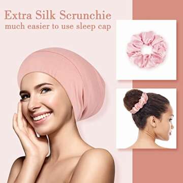 LULUSILK Mulberry Silk Bonnet for Sleeping Women, Real Silk Sleep Cap for Curly Hair and Braids, Pure Silk Head Wrap with Scrunchies, Pink