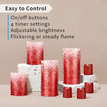 FURORA LIGHTING Red Glitter Real Wax LED Candles with Remote and 6/18 Timer, 4 Pillars and 4 Votives...