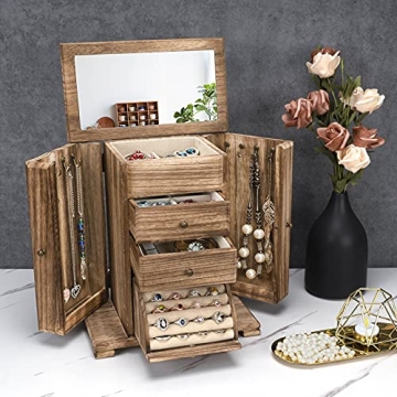 Rustic Wooden Jewelry Box for Women with Mirror