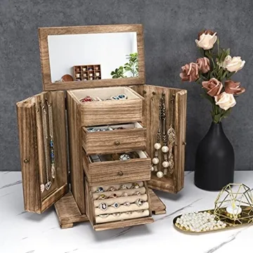 Rustic Wooden Jewelry Box for Women with Mirror