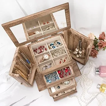 Rustic Wooden Jewelry Box for Women with Mirror