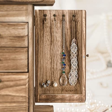 Rustic Wooden Jewelry Box for Women with Mirror