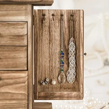 Rustic Wooden Jewelry Box for Women with Mirror