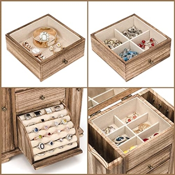 Rustic Wooden Jewelry Box for Women with Mirror