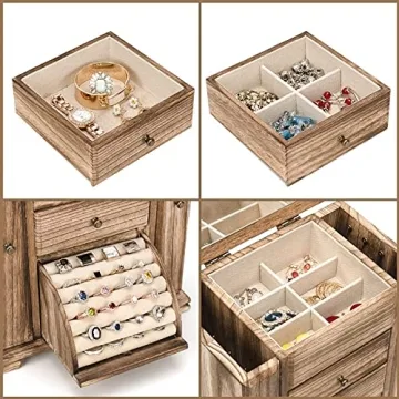 Rustic Wooden Jewelry Box for Women with Mirror