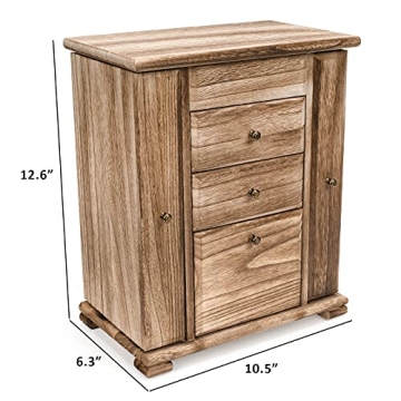 Rustic Wooden Jewelry Box for Women with Mirror