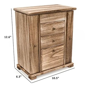 Rustic Wooden Jewelry Box for Women with Mirror