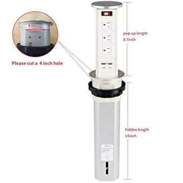 Automatic Raising Type Surge Protector Pop up Outlet Retractable Hidden Recessed Power Strip Power Socket with 2 USB Charging Stations and 3 AC Plug for Kitchen Island,Counter top, Conference Table