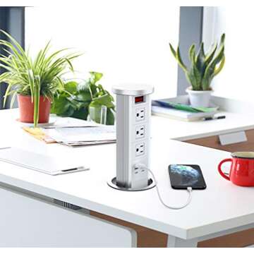 Automatic Raising Type Surge Protector Pop up Outlet Retractable Hidden Recessed Power Strip Power Socket with 2 USB Charging Stations and 3 AC Plug for Kitchen Island,Counter top, Conference Table