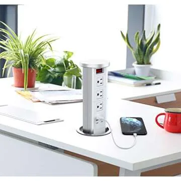 Automatic Raising Type Surge Protector Pop up Outlet Retractable Hidden Recessed Power Strip Power Socket with 2 USB Charging Stations and 3 AC Plug for Kitchen Island,Counter top, Conference Table