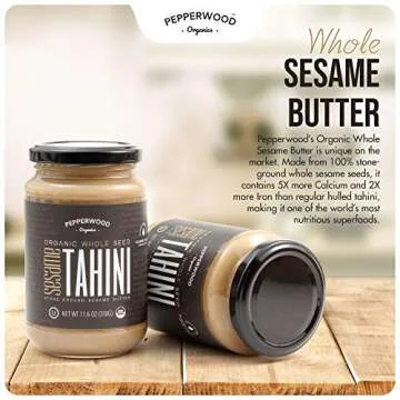 Organic Whole Sesame Tahini Paste - Unhulled & Stone-Ground - Silky Smooth Texture in Hummus, Dips, Dressings - Unsalted, Nut-Free, Kosher, Paleo, Keto 11.6 oz Glass Jar (2-Pack) Pepperwood Organics