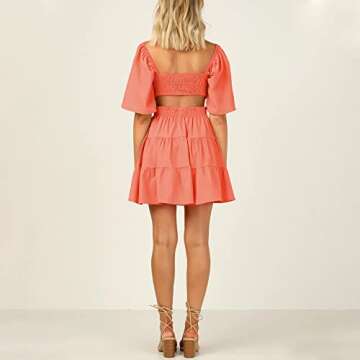 Shy Velvet Women's Summer Dress Square Neck Short Sleeves Crossover Waist Casual Party Mini Dress Orange