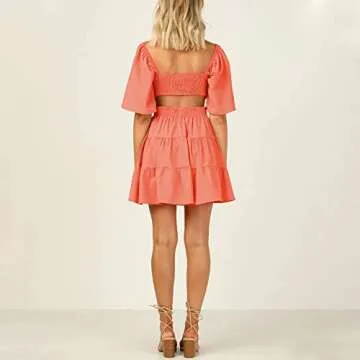 Shy Velvet Women's Summer Dress Square Neck Short Sleeves Crossover Waist Casual Party Mini Dress Orange