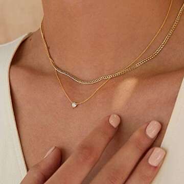Tewiky Layered Gold Diamond Necklaces， Dainty 14k Gold Plated Cuban Link Chain Simple Gold Choker Necklaces for Women Trendy Aesthetic Gold Necklace Cute CZ Solitaire Pendant Necklaces