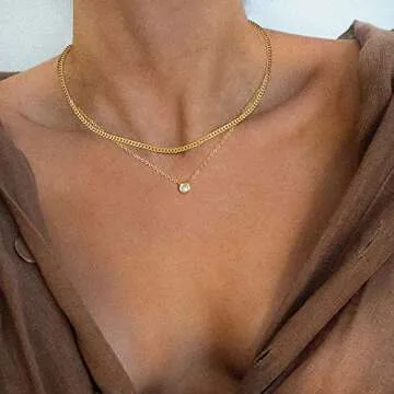 Tewiky Layered Gold Diamond Necklaces， Dainty 14k Gold Plated Cuban Link Chain Simple Gold Choker Necklaces for Women Trendy Aesthetic Gold Necklace Cute CZ Solitaire Pendant Necklaces