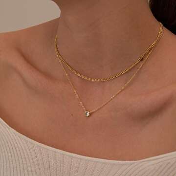 Tewiky Layered Gold Diamond Necklaces， Dainty 14k Gold Plated Cuban Link Chain Simple Gold Choker Necklaces for Women Trendy Aesthetic Gold Necklace Cute CZ Solitaire Pendant Necklaces
