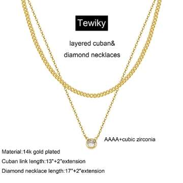 Tewiky Layered Gold Diamond Necklaces， Dainty 14k Gold Plated Cuban Link Chain Simple Gold Choker Necklaces for Women Trendy Aesthetic Gold Necklace Cute CZ Solitaire Pendant Necklaces