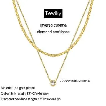 Tewiky Layered Gold Diamond Necklaces， Dainty 14k Gold Plated Cuban Link Chain Simple Gold Choker Necklaces for Women Trendy Aesthetic Gold Necklace Cute CZ Solitaire Pendant Necklaces