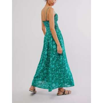 Women Summer Dresses Flowy Smocked Maxi Dress Sleeveless Tie Shoulder Boho Dresses Y2K Floral Beach ...