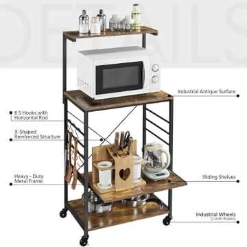 Yaheetech Bakers Rack on Wheels, Microwave Stand Cart Coffee Bar Stand with 6 Hooks and Sliding Shelf, Kitchen Utility Storage Cart with Spice Rack, Rustic Brown