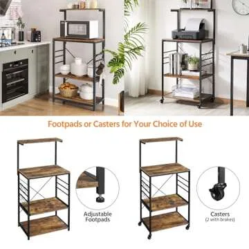 Yaheetech Bakers Rack on Wheels, Microwave Stand Cart Coffee Bar Stand with 6 Hooks and Sliding Shelf, Kitchen Utility Storage Cart with Spice Rack, Rustic Brown