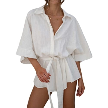 NUFIWI Women Summer V Neck Jumpsuit Long Baggy Sleeve Button Short Romper Ruffle Hem Waist Tie Jumps...