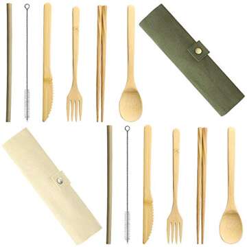 Set of 2, Bamboo Utensils Cutlery, DaKuan Reusable Cutlery Travel Set, Bamboo Spoon, Fork, Knife, Br...