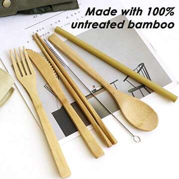 Set of 2, Bamboo Utensils Cutlery, DaKuan Reusable Cutlery Travel Set, Bamboo Spoon, Fork, Knife, Brush, Chopsticks and Straw, Eco-Friendly Portable Utensils With Case