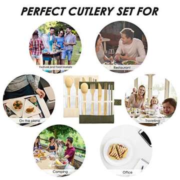 Set of 2, Bamboo Utensils Cutlery, DaKuan Reusable Cutlery Travel Set, Bamboo Spoon, Fork, Knife, Brush, Chopsticks and Straw, Eco-Friendly Portable Utensils With Case